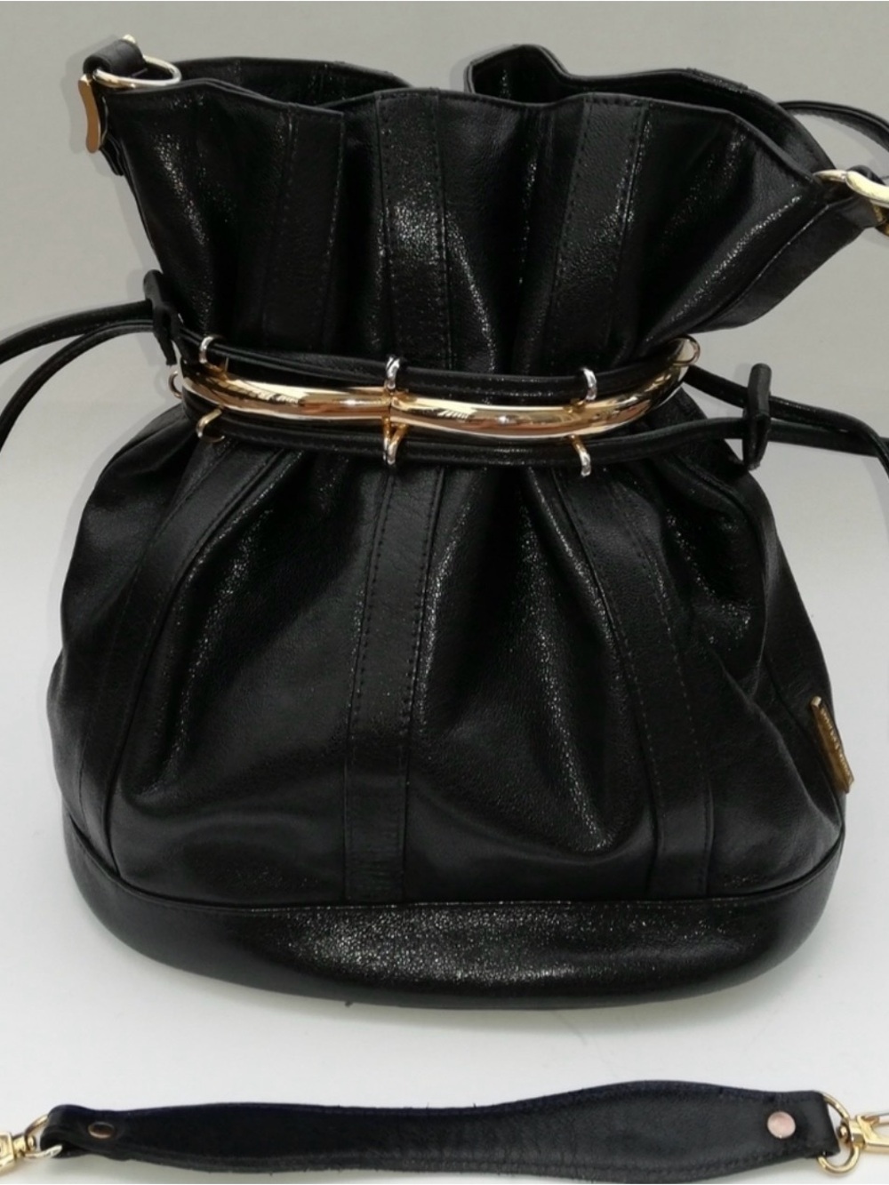 Louis Feraud Black Drawstring Bucket Bag with Gold Accent